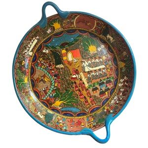 Vtg Colorful Talavera Handpainted Mexican Folk Art Handled Story Plate 11.5"